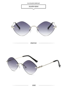 Detail view of rimless diamond cut sunglasses with silver frame and gray gradient lenses
