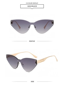 Detailansicht von randloser Cat-Eye-Sonnenbrille mit lila Verlaufsgläsern und Metallbügeln