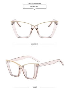 Detailed front and side view of cat eye glasses frames in light tea color with gold bar