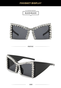 Front and side views of oversized black sunglasses with sparkling rhinestone embellishments