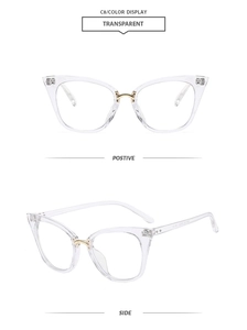 Detail view showing transparent cat-eye frames with stylish metal bridge and rice stud rivets