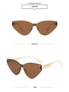 Front- und Seitenansicht der randlosen Cat-Eye-Sonnenbrille in Braun mit Metallbügeln