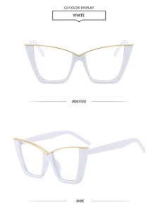 Front and side views of stylish white cat-eye glasses with golden V-shaped metal accents