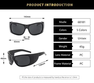 Size chart showing 143mm frame width and detailed PC material specs for sporty sunglasses