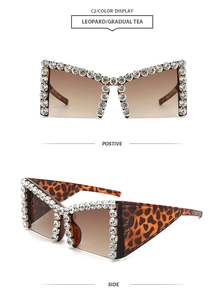 Detail view of leopard print oversized sunglasses with crystal embellishments and tea lenses
