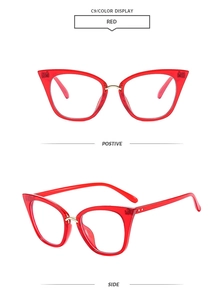 Detailed views of red translucent cat-eye frames with golden metal bridge and rivets