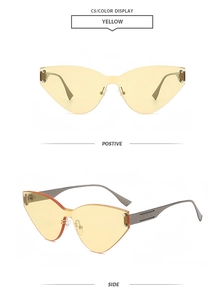 Detailansicht der randlosen Katzenaugen-Sonnenbrille mit gelben Gläsern und Metallbügeln