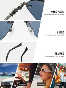 Detail of rimless sunglasses featuring vintage cross hinges and soft silicone nose pads