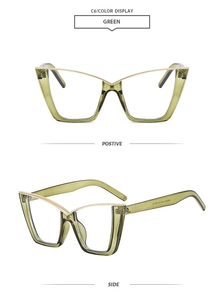 Detail of green cat-eye frames with gold metal V-trim and side temple model text