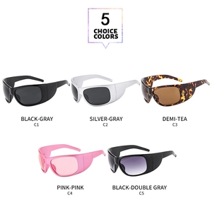 Detailed view of oversized sports sunglasses in five assorted frame colors and tints