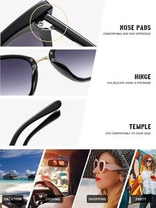 Detail view of cat eye sunglasses with metal hinges and ergonomic temples for comfort