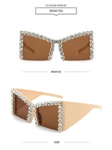 Detail view of oversized beige sunglasses with tea lenses and crystal rhinestones
