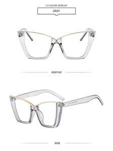 Detail of transparent gray cat-eye glasses frame with V-shaped gold metal accents