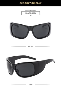 Front and side views of oversized black sport sunglasses with dark grey lenses