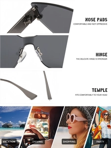 Detailsicht der randlosen Cat-Eye-Sonnenbrille mit Metallschanieren und Outdoor-Szenen