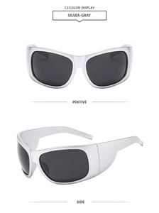 Front and side view of silver-frame oversized punk sunglasses with gray lenses