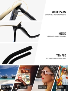 Detailed views of cat eye frames showing nose pads, metal hinges and daily usage scenes