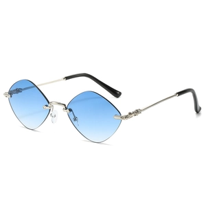 Fashionable rimless diamond-shaped sunglasses with blue gradient lenses and silver arms
