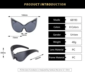 Guide des tailles montrant la largeur de 144mm et les specs pour lunettes œil-de-chat