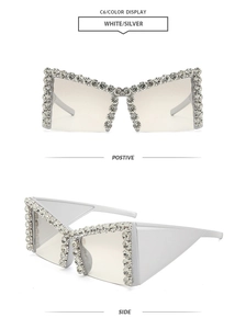 Positive and side view of trendy oversized sunglasses with sparkling rhinestone borders