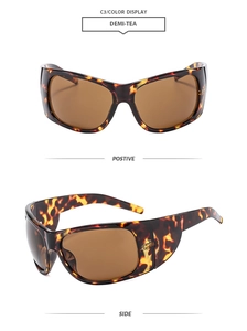 Detailed views of retro tortoiseshell wrap sunglasses with brown lenses and wide temples