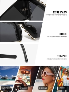 Detailed close-up of rhinestone-studded sunglasses with durable hinges and comfortable nose pads