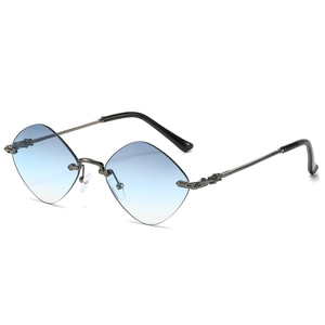 Retro rimless diamond cut sunglasses with blue gradient lenses and metallic temples