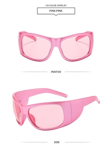 Detail of pink oversized wrap-around sports sunglasses showing front and side views