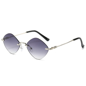 Fashionable rimless diamond-cut sunglasses with gradient lenses and silver metal temples