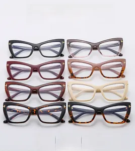 Detail view of cat eye frames with T-shaped metal hinges in multiple stylish colors