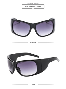 Front and side views of large frame punk sunglasses with purple-gray gradient lenses