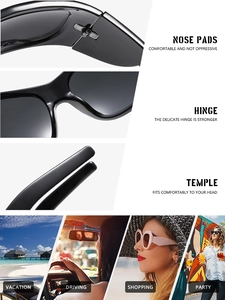 Detail of oversized black sunglasses showing hinges, nose pads and lifestyle scenes
