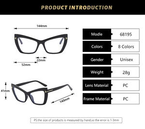 Detailed size chart of cat eye glasses with T-shaped metal accents and PC frame