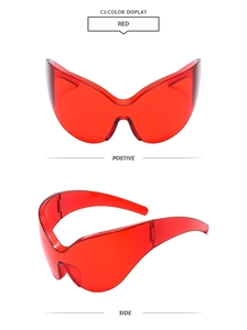Lunettes de soleil œil de chat rouges futuristes sans monture, vues de face et de profil