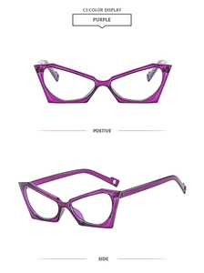 Vue détaillée de la monture oeil-de-chat géométrique violette en résine transparente