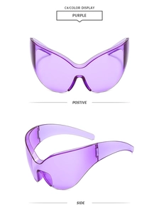 Détail de lunettes de soleil œil-de-chat sans monture violettes avec coupe en V futuriste