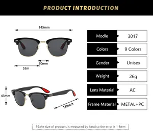 Detailed size chart and technical specifications for retro round frame sunglasses