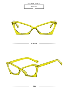 Vues détaillées de face et de profil de montures de lunettes œil-de-chat vert translucide