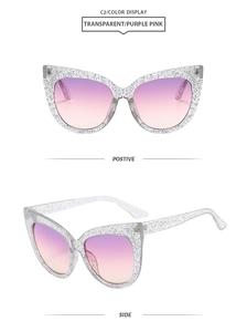 Detailed front and side views of cat eye glitter sunglasses with purple gradient lenses