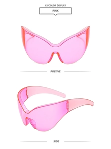 Lunettes de soleil Y2K œil-de-chat roses sans monture, vues de face et de profil
