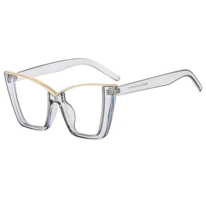 Fashionable oversized cat-eye blue light blocking glasses with golden V-shaped metal trim