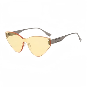 Rahmenlose Cat-Eye Sonnenbrille mit gelb-orangefarbenem Verlauf und Metallbügeln
