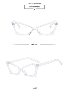 Vue détaillée de face et de côté de lunettes papillon transparentes anti-lumière bleue