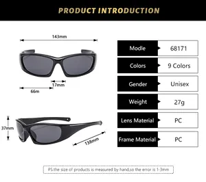 Size chart for outdoor sports sunglasses showing dimensions 143mm width and PC material