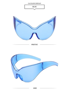 Détails de lunettes de soleil papillon bleues sans monture avec verres futuristes