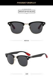 Front and side views of classic black semi-rimless sunglasses with gold metal bridge