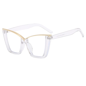 Fashionable oversized cat-eye blue light blocking glasses with golden V-shaped metal trim