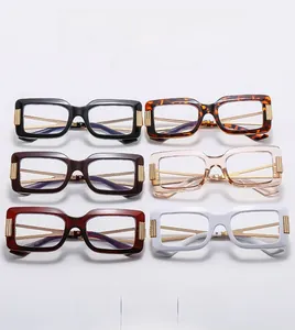 Matrix display of square blue light glasses in six colors with gold metal temple details