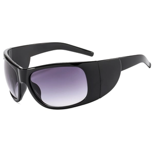 Sporty wrap-around sunglasses with glossy black frame and purple gradient lenses