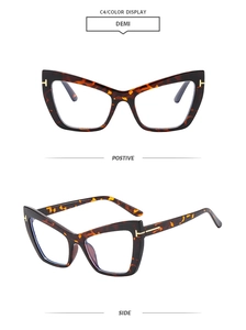 Close-up of cat-eye glasses frame with T-shaped metal hinge and tortoise shell pattern